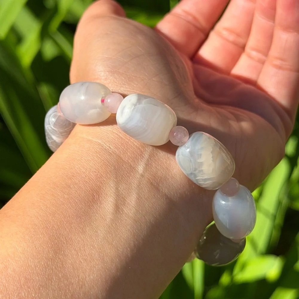 14mm stretchable barrel‎ shape milky agate rose quartz bracelet 0401